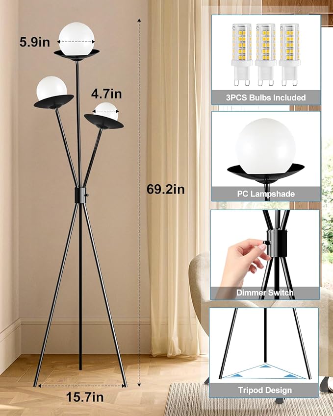 Lightdot Tripod Floor Lamp Dimmable Globe Floor Lamps with 3 LED Bulbs, 3000K Soft Warmwhite Mid Century Modern Standing Lamps Black Tall Lamp for Living Room/Bedroom/Sofa Beside/Corner Decor