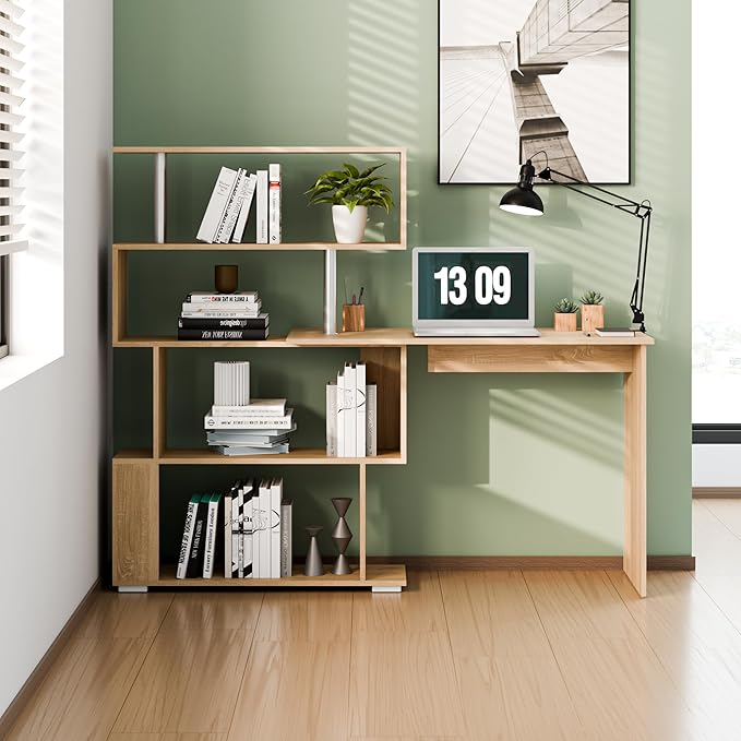 L Shaped Computer Desk, Corner Desk, 360 Degree Rotatable, Space Saving Table with Spacious Storage for Home Office Workstation Study, 157 x 45 x 130.5 cm, Oak