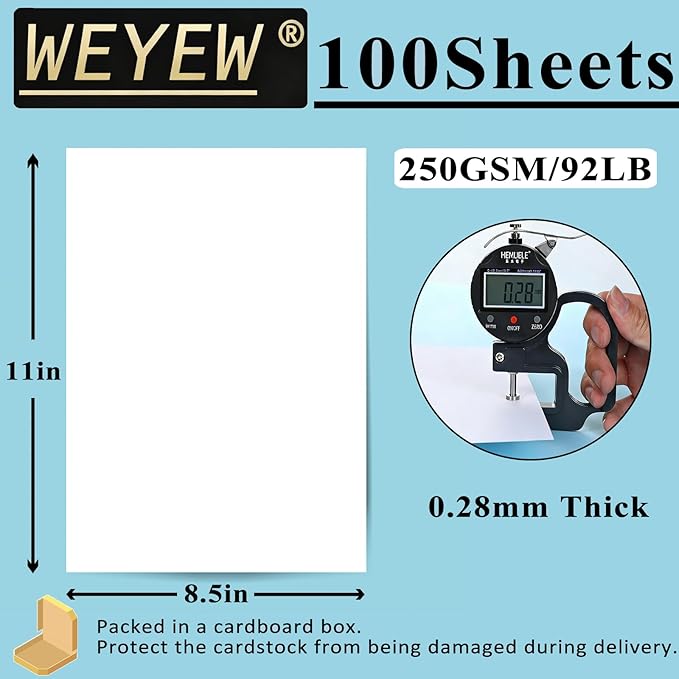 100 Sheets 92lb White Cardstock, 8.5" x 11", Thick Bright White Paper Envelops Making Blank Invitation Paper Greeting Cards DIY Craft, 92LB Cover 250 GSM