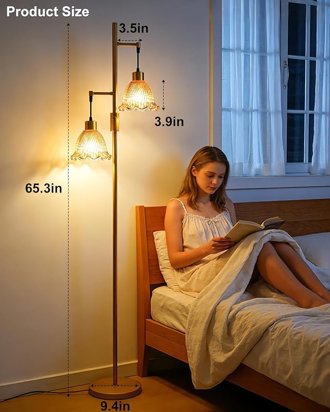 Lightdot 2- Light Gold Flower Floor Lamp for Living Room, 65IN Dimmable Floor Lamps with Rose Red Glass Shade&3000K Warm White Bulbs, Modern Standing Tall Lamp for Bedroom Office
