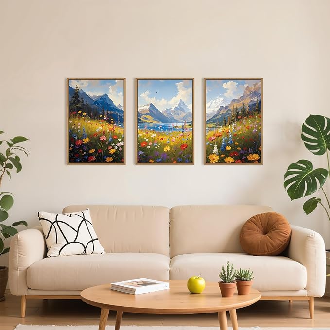 HOURIA Spring Boho Vibrant Watercolor Wildflower & Snowy Mountain Framed Canvas Wall Art Set,Colorful Floral Landscape Decor,Modern Natural Field Scenery Artwork for Living Room,Bedroom,Farmhouse-24"x36"x3