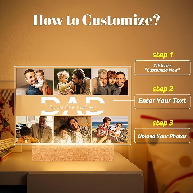 Personalized Gifts for Dad from Daughter Son, Custom Picture Frames with Photo, Customized Photo Frame with Night Light, Personalized Dad Birthday Gifts for Dad Baby Kids Family