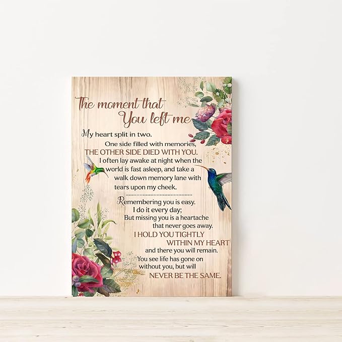 RCVTVPV The Moment That You Left Me Wall Art My Heart Split In Two Poster Hummingbird Canvas Wall Art For Home Office Framed Ready to Hang 12"x16"