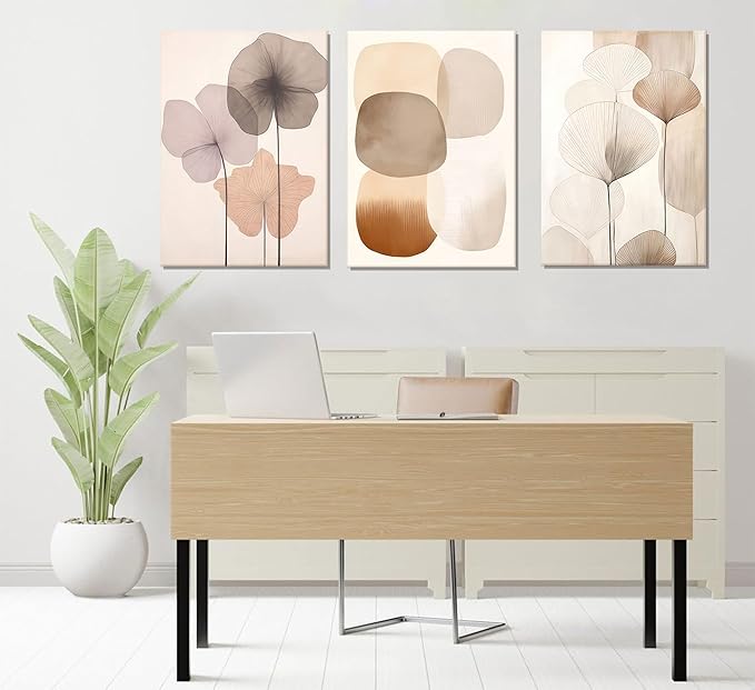 3pcs Neutral Beige Wall Art Abstract Botanical Canvas Prints Modern Simple Flower Paintings Poster Wabi-sabi Geometric Wall Decor Boho Plant Pictures For Bedroom living room Framed