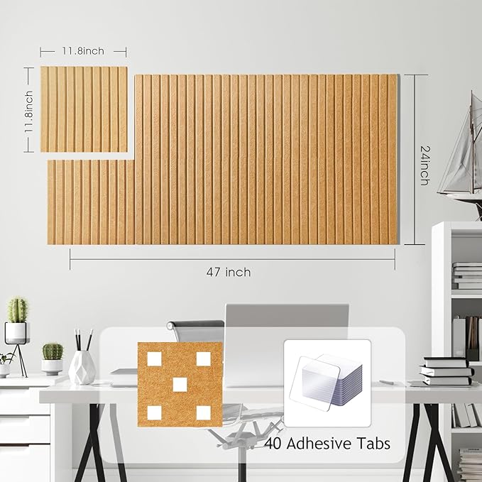 Large Cork Board for Office, 8 Pack Felt Wall Tiles with Slat Wall Paneling and Safe Removable Adhesive Tabs, Felt Bulletin Board Pin Board Cork Boards for Walls - Mustard