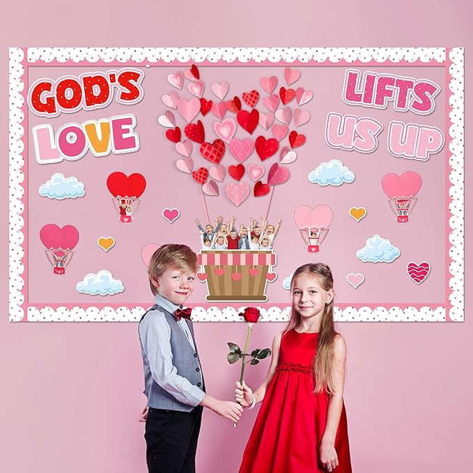 Valentine's Day Bulletin Board Set Hot Air Balloon Bulletin Board Classroom Decoration Valentines 3D Heart Cloud Religious DIY Photo Cutouts for School Classroom Chalkboard Wall Door Decor