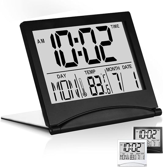 Betus Digital Travel Alarm Clock – Foldable Calendar, Temperature & Timer with Snooze – Large Number Display, Battery Operated – Compact Desk Clock for Home & Office (Black)
