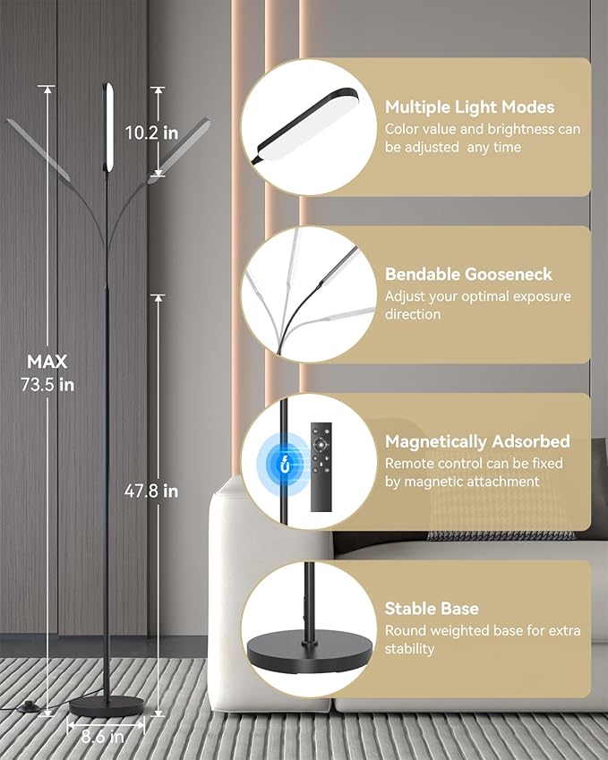 Floor Lamp - Bright 15W LED Floor Lamp with Remote & Touch Control - Stepless Dimming & Color Temperature Adjustable, Eye-Caring Standing Lamp with 1H Timer, Gooseneck Design for Living Room, Bedroom