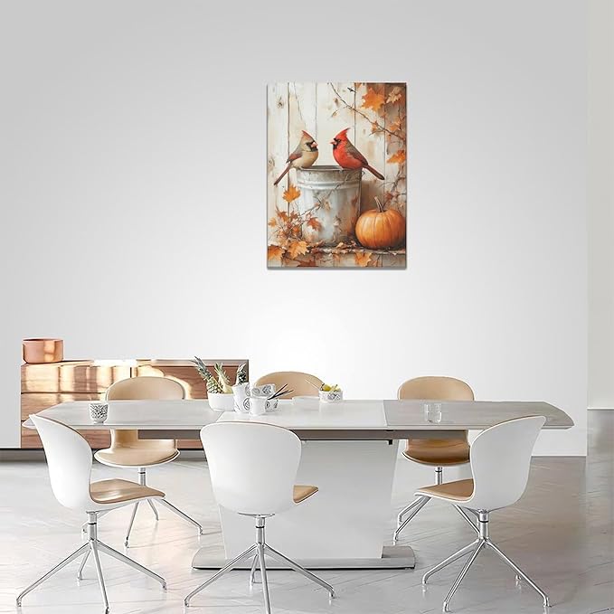Fall Cardinal Wall Art Autumn Pumpkin Leaf Pictures Wall Decor Cardinals Canvas Painting Modern Artwork Home Decoration for Living Room Bathroom Bedroom Office Framed 12"x16"