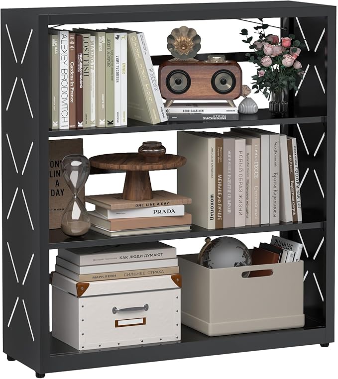 Small Bookshelf, 3-Tier Metal Adjustable Bookcase with Anti-Tip Kit & Leveling Feet, Black Book Shelves Modern for Bedroom, Kitchen, Garage, Home Office