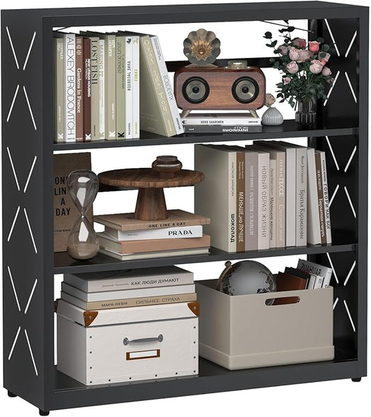 Small Bookshelf, 3-Tier Metal Adjustable Bookcase with Anti-Tip Kit & Leveling Feet, Black Book Shelves Modern for Bedroom, Kitchen, Garage, Home Office