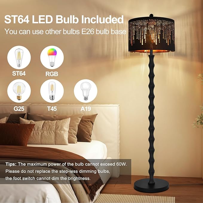 Vintage Floor Lamp for Living Room Bedroom,Farmhouse Rustic Floor Lamps,Modern Standing Tall Lamp with Black Unique Lampshade,Gothic Mid Century Iron Floor Lamp for Office Corner Decor