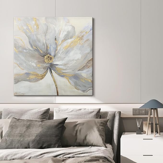 Goldfoilart Flower Canvas Wall Art Abstract Floral Picture with Gold Foil Embellishment Oil Painting Textured Print on Canvas Large for Bedroom Bathroom Living Room Home Decor 32" x 32"