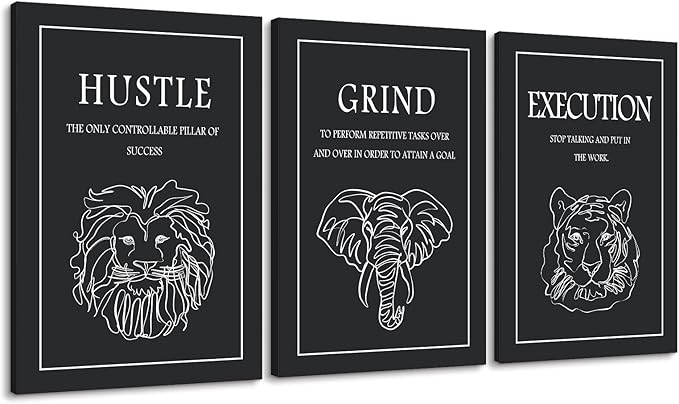 Set of 3 Motivational Wall Art - Black and White Hustle Grind Execution Canvas Prints with Lion/Elephant/Tiger Line Art, Inspirational Quote Wall Decor for Office Gym Home, Framed 24"x36"x3