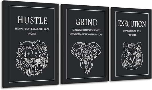 Set of 3 Motivational Wall Art - Black and White Hustle Grind Execution Canvas Prints with Lion/Elephant/Tiger Line Art, Inspirational Quote Wall Decor for Office Gym Home, Framed 24"x36"x3