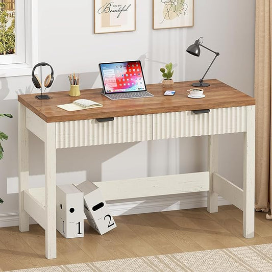 Fluted Computer Desk with 2 Drawers, 39 Inch Small Computer Desk with Storage, Compact Writing Study Vanity Desk for Small Spaces, Antique White