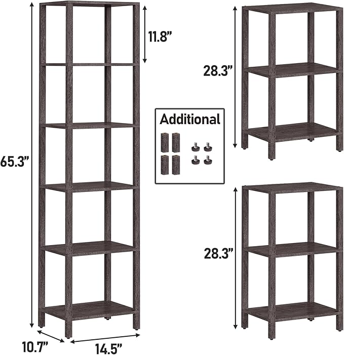 TUTOTAK Bookshelf, 6-Tier Tall Book Shelf, Narrow Bookcase for Small Space, DIY Stackable Bookshelf, for Living Room, Office, Study, Entryway, Industrial, Charcoal Grey BS01BY006