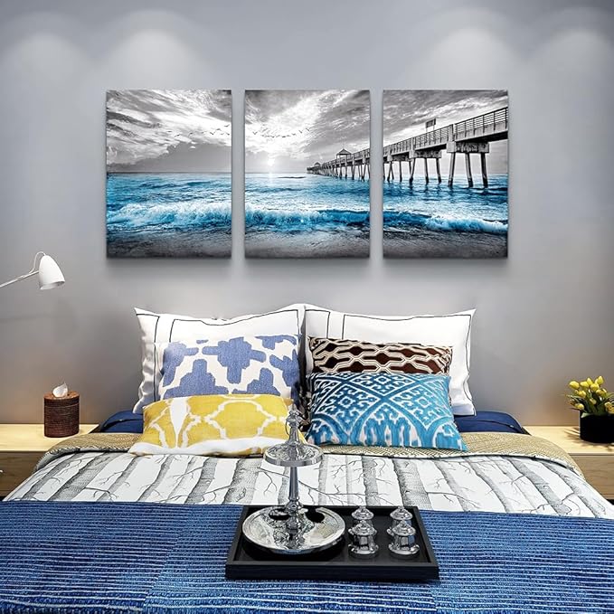 Lapremoly Black And White Beach Wall Paintings Wall Decorations For Living Room Large Canvas Wall Art For Bedroom Office Wall Decor Sea Wave Pictures Prints Artwork Modern Frame Home Decor 3 Piece