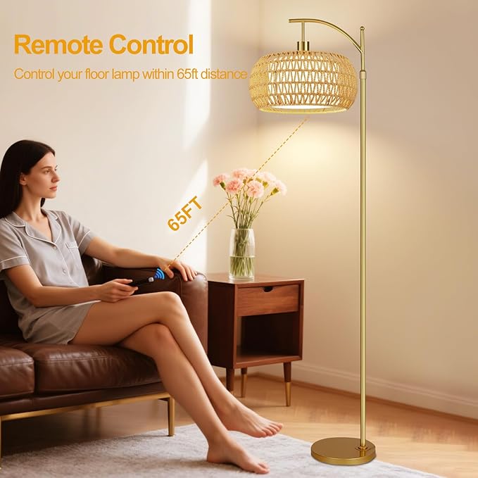 Gold Floor Lamps for Living Room Rattan Boho Floor Lamp with Remote Control & 3 Color Temperature,Dimmable Arc Floor Lamps Brass Standing Lamp Tall Floor Lamp for Bedroom Living Room Corner