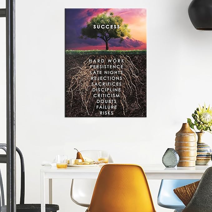 QYHART Wall Art Success Tree Hd Printed Pictures Canvas Inspirational Motivation Entrepreneur Quotes Artwork Posters Home Painting Frame For Living Room Gym Decor Ready to Hang [24''W x 18''H]