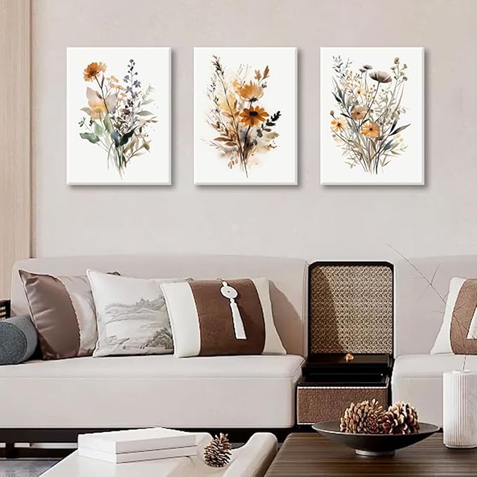 Bwodke Framed Wildflower Wall Art Colorful Botanical Floral Poster Canvas Prints Set of 3 Minimalist Watercolor Flower Pictures Vintage Farmhouse Decor Painting Bedroom Bathroom Living Room 12"x16"