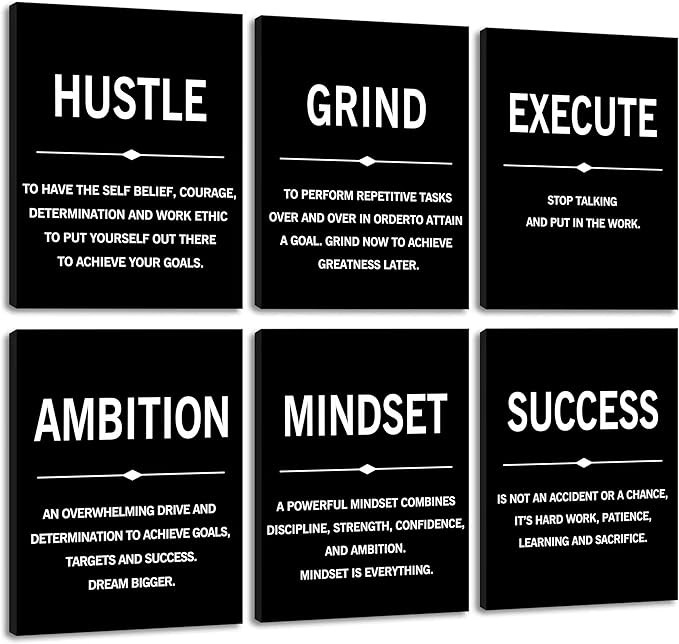 COSCTOR Set of 6 Grind Hustle Execute Motivational Wall Art Picture Decor Canvas Framed for Office Workplace Gym Garage Inspirational Home Posters Ready to Hang(Framed,20x30)