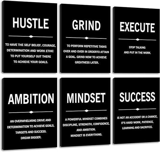 COSCTOR Set of 6 Grind Hustle Execute Motivational Wall Art Picture Decor Canvas Framed for Office Workplace Gym Garage Inspirational Home Posters Ready to Hang(Framed,20x30)