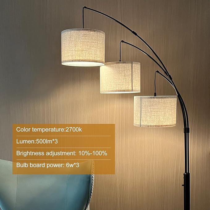 Dimmable Arc Floor Lamp, Rotary Switch Standing Lamp with Linen Shade and Heavy Base, Mid Century Tree Lamp for Bedroom, Office