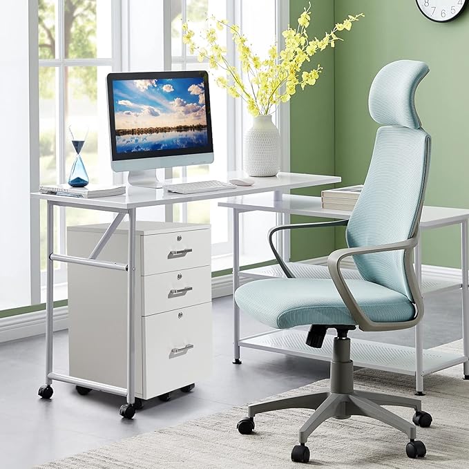 Bonnlo 26" H 3 Drawer File Cabinet with Lock, Rolling File Cabinet Under Desk, Mobile File Cabinets for Home Office, Wood White File Cabinet Printer Stand for Letter Size Hanging/Manila File Folders