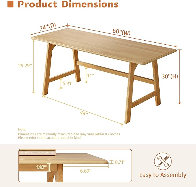 IOTXY Solid Wood Writing Table - 60" W x 24" D Minimalist Computer Desk for Home Office, Work, Study, Creativity, and PC Workstation, Oak