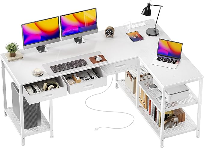 PRAISUN 55 Inch L Shaped Office Desk with Power Outlets and Type-C Port, Large Computer Gaming Desk with 3 Fabric Drawers, Mesh Shelves, Corner Study Work Writing Desk, White
