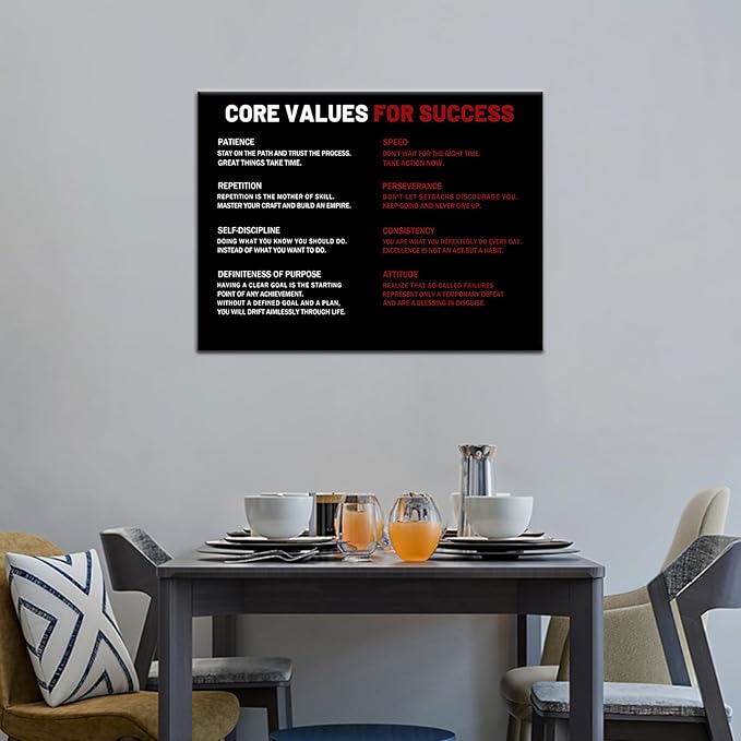 Core Values for Success Inspirational Wall Art Entrepreneur Quotes Motivational Poster Print White and Red Positive Painting Artwork Framed for Home Living Room Office Wall Decor [24''Wx18''H]