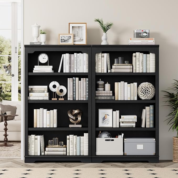 HIFYOBRO 4 Tier Bookshelf, 55 Inches Tall Bookcase, Wooden Book Shelf with Storage, Freestanding Open Display Bookshelves for Study Room, Home Office, Living Room (Black, 4-Shelf)