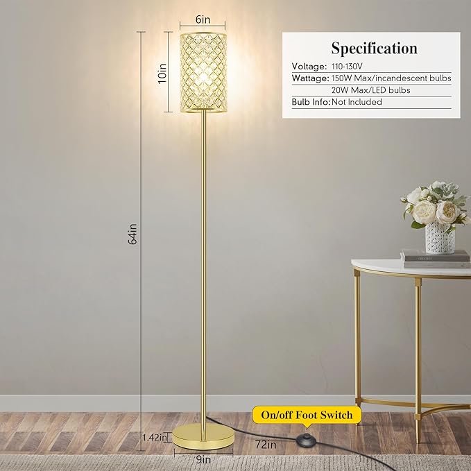 Gold Floor Lamp, Crystal Floor Lamp with Decorative Shade, Standing Lamp with On/Off Foot Switch & E26 Base, Modern Floor Lamps Corner Tall Pole Light for Living Room, Girls Bedroom, Dresser, Office