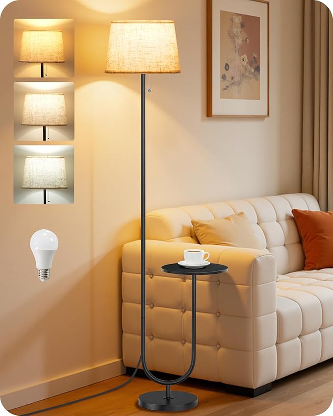 Floor Lamp with Side Table, Standing Lamp for Living Room with Tray, Pull-Chain Switch, for Living Room, Bedroom, 3 Color Temperatures, 9W LED Bulb Included, Black and Beige BE21LD05