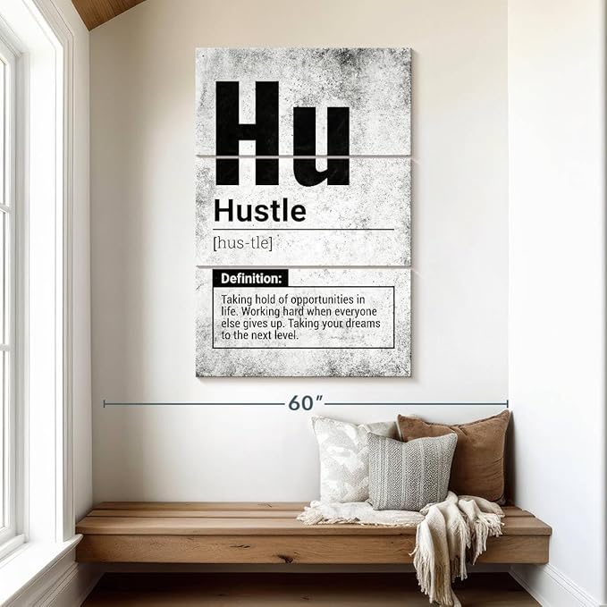 Elephant Stock - Hustle Definition Grunge Wall Art - Vertical Multi Panel Canvas - 3 Piece Living Room Wall Decor - Digital Art Inspirational And Typography Multi Piece Wall Art - Black And Gray Decor - 32" x 50"