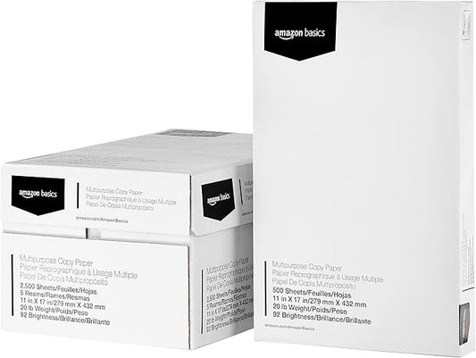 Amazon Basics Multipurpose Copy Printer Paper, 20 lb, 11 x 17 Inches, 5 Reams (2,500 Sheets), 92 Bright White