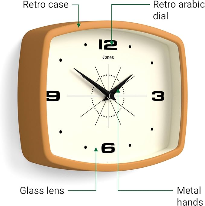 JONES CLOCKS® Movie wall Clock | Retro Rectangular Clock | 10 inch | Mustard Yellow | Cool mid-Century Designer Look for Kitchen, Living Room or Office