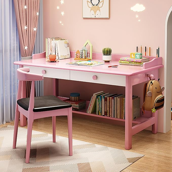 Solid Wood Writing Desk with Drawer,Mid Century Home Office Desk with Hooks,Work Study Pc Table Workstation Computer Desk with Storage Shelves for Small Spaces (80x60x75cm(31x24x30inch), Pink)
