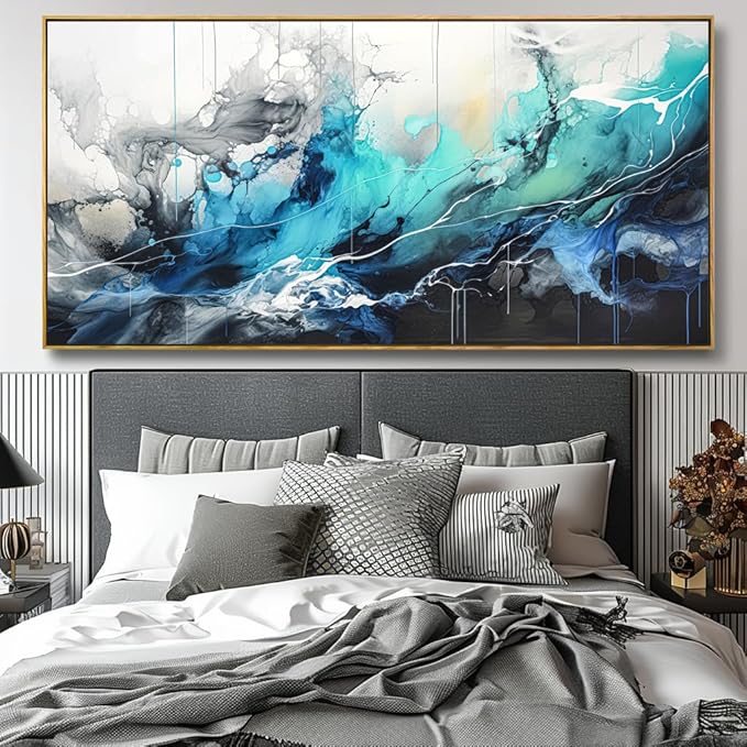 Wall Art Abstract Canvas Painting Teal Blue Modern Artwork for Living Room Bedroom Dining Room Home Office Decor 24"x48" with Framed
