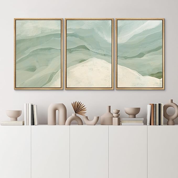 MUDECOR Framed Wall Art Print Set Pastel Waves Blue and White Tones Illustrations Modern Art Boho Decorative Colorful Chic for Living Room, Bedroom, Office - 24"x36"x3 Natural