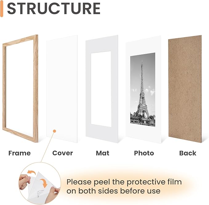upsimples 11x14 Picture Frame Set of 5, Display Pictures 8x10 with Mat or 11x14 Without Mat, Wall Gallery Photo Frames, Natural