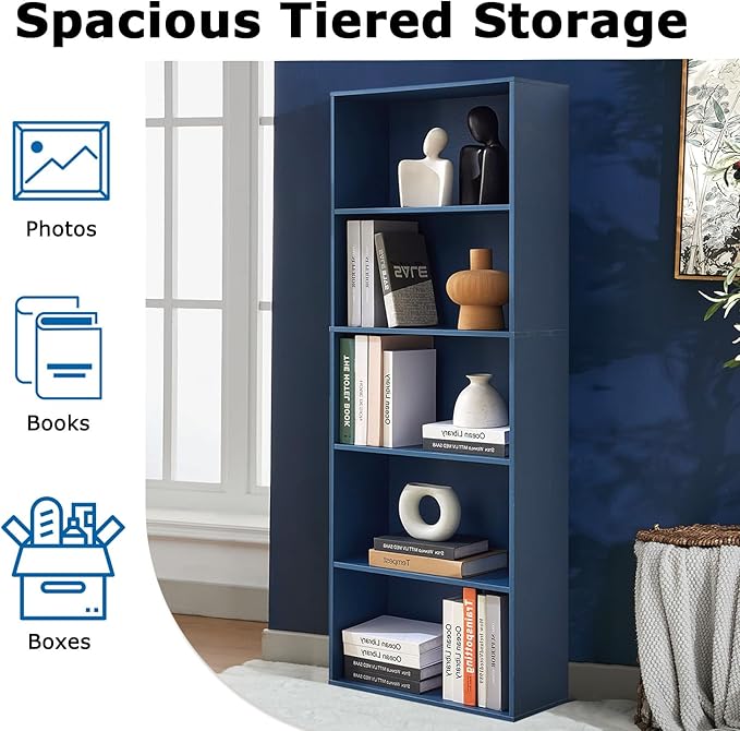 Bookshelves and Bookcases,5-Tier Open Storage Shelf, Floor Standing Display Storage Shelves for Home Office, Living Room, Bedroom, Blue