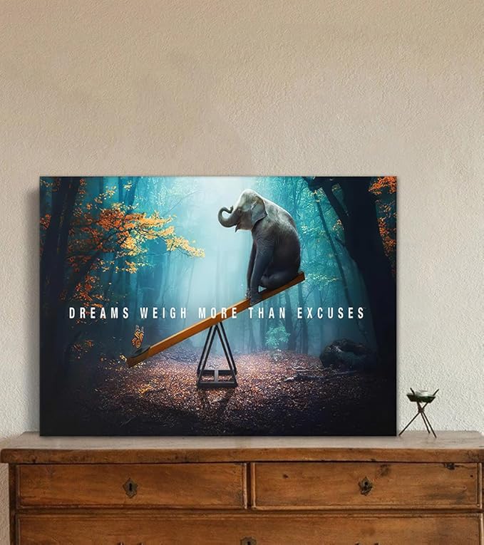 Wall Art Dreams Weigh More Than Excuses Painting on Canvas Inspirational Picture Motivational Quotes Poster Elephant and Butterfly Prints for Home Decor Living Room, Framed 18" H x 24" W