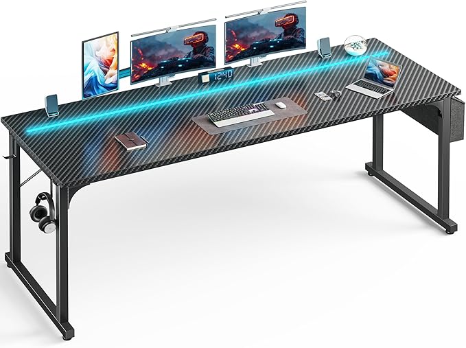 71 Inch Computer Desk with LED Lights, Office Desk for Home Office, Study Desk Writing Table with Storage Bag, Headphone Hook, Black