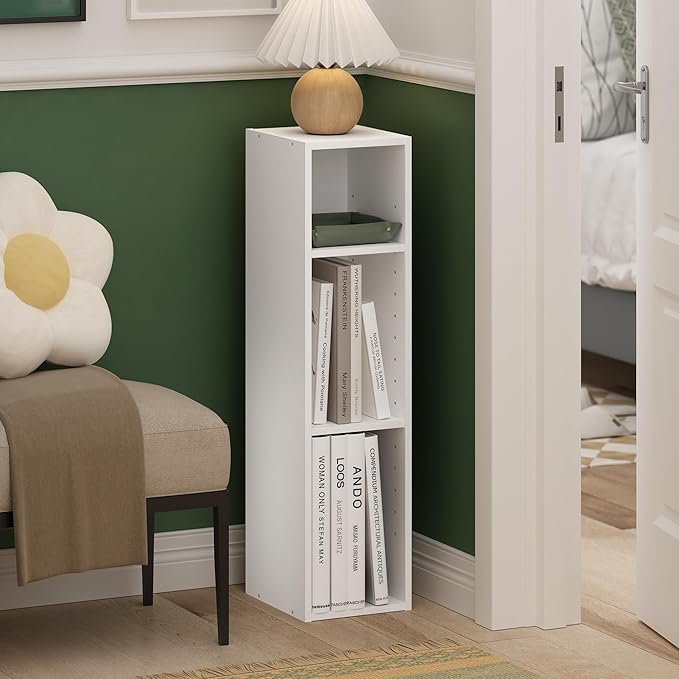 Furinno Fulda Book Shelf, 3-Tier Narrow Bookshelf, Bookcase with 8-in Width Storage Shelf, 9.3 x 7.9 x 31.5, for Living Room, Bedroom, Home Office, Plain White