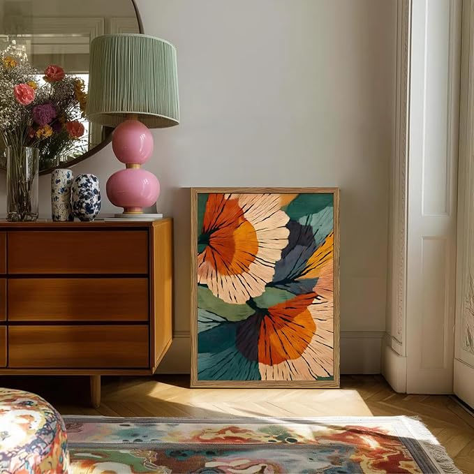 Framed Abstract Floral Wall Art, Boho Vintage Flower Pictures Wall Decor, Mid Century Modern Botanical Paintings Canvas Prints for Living Room Bedroom Office 12x16 inch