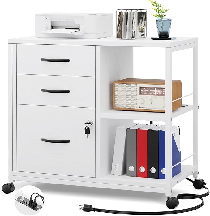 Lulive File Cabinet for Home Office, Filing Cabinet with Lock and USB Charging Port, 3 Drawer File Cabinet, Rolling File Cabinet with Storage for A4, Letter Size, White, HI1355