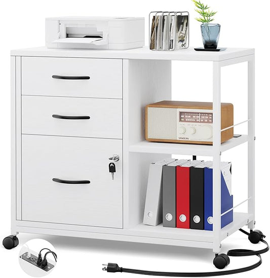 Lulive File Cabinet for Home Office, Filing Cabinet with Lock and USB Charging Port, 3 Drawer File Cabinet, Rolling File Cabinet with Storage for A4, Letter Size, White, HI1355