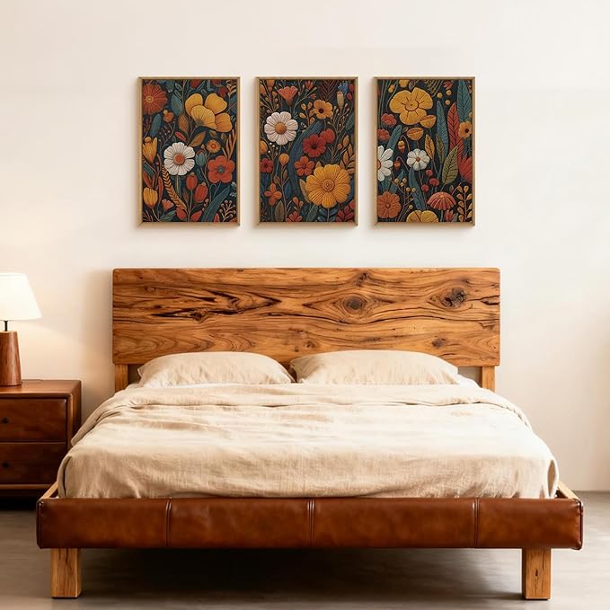 Boho Floral Framed Canvas Wall Art,Vintage Orange Flowers Wall Decor,Abstract Botanical Art Painting,Rustic Neutral Wildflower Artwork for Bedroom Living Room Office 16"x24"x3